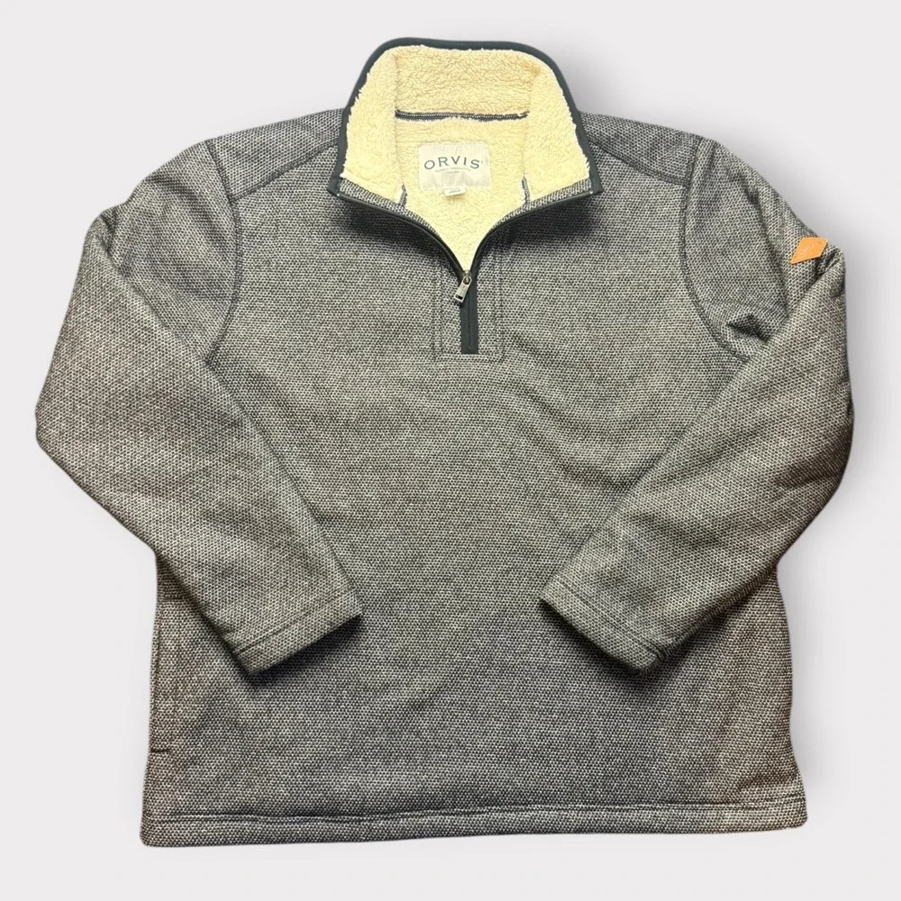 Orvis Mens XL Gray Sherpa Lined Quarter Zip Pullover Textured Knit Sweater